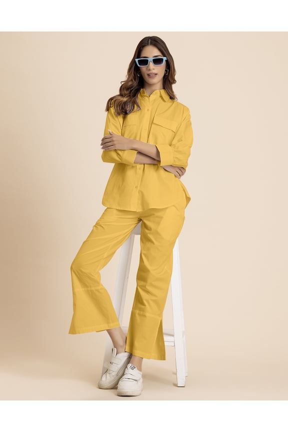 Solid 2 Pcs Cotton Co-Ord Set, Everyday Wear Long Shirt With Pants