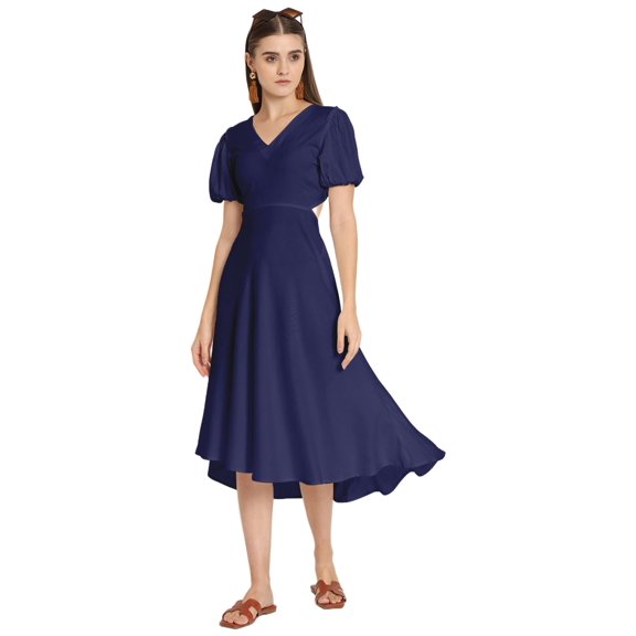 Moomaya Solid A-Line Viscose Dress, Short Sleeve, Styled Back Casual Flared Dress