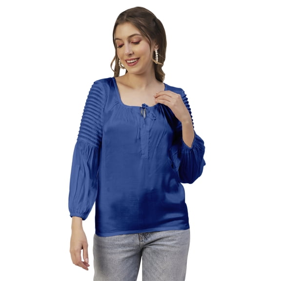 Moomaya Solid Balloon Sleeves Womens Top, Tie-Up Casual Summer Tunic Top