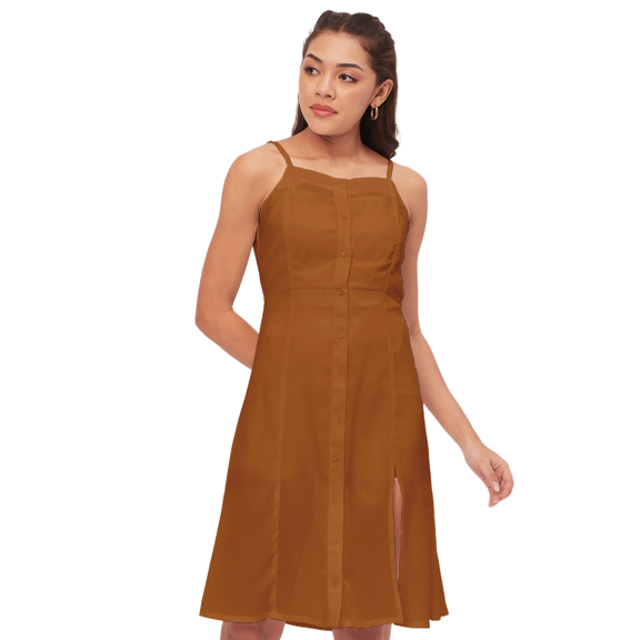 Moomaya Solid Buttoned Dress, Sleeveless Spaghetti Strap Dress With Side Slit