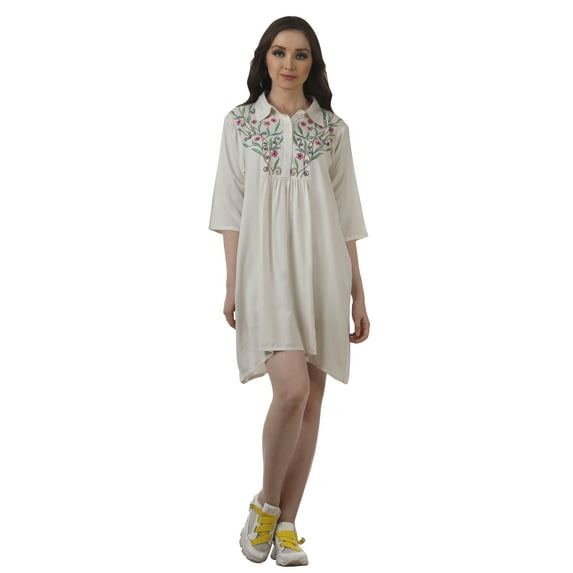 Moomaya Solid Casual 3/4 Sleeve Women Dresses Rayon Shirt Tunic Mini Dress