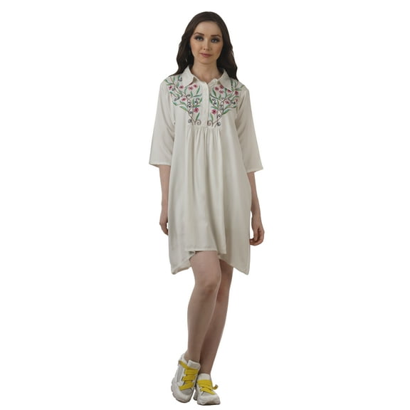 Moomaya Solid Casual 3/4 Sleeve Women Dresses Rayon Shirt Tunic Mini Dress