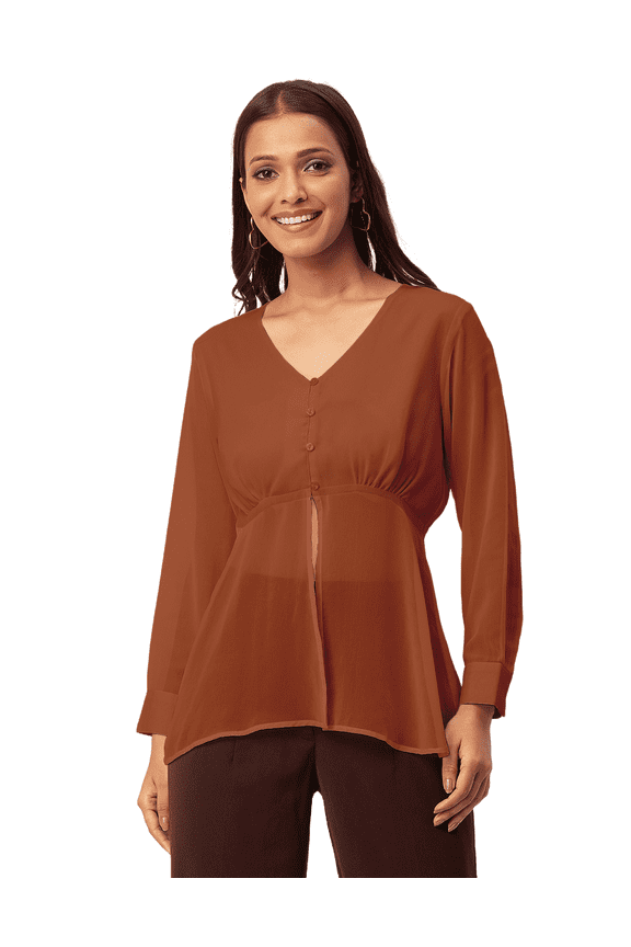Solid Cinched Waist Top, V-Neck Front Slit Buttoned Georgette Top