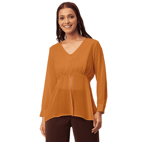 Moomaya Solid Cinched Waist Top, V-Neck Front Slit Buttoned Georgette Top