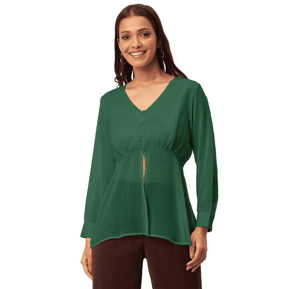 Moomaya Solid Cinched Waist Top, V-Neck Front Slit Buttoned Georgette Top