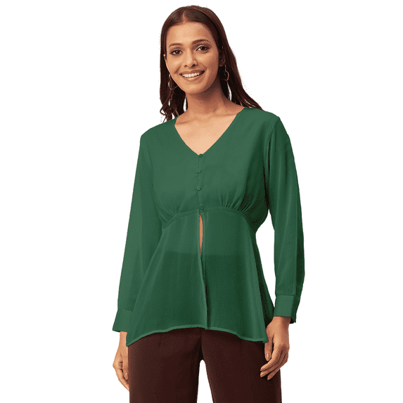 Moomaya Solid Cinched Waist Top, V-Neck Front Slit Buttoned Georgette Top