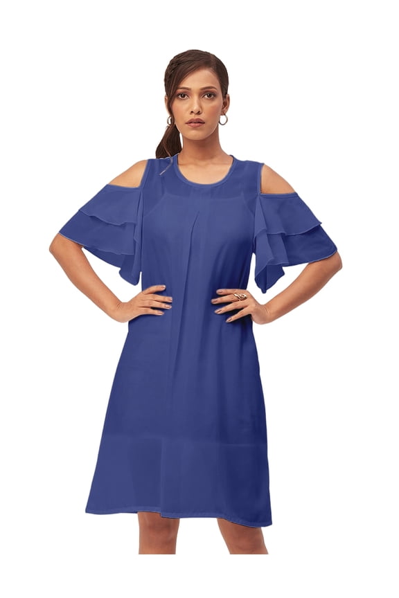 Solid Cold Shoulder Shift Dresses For Women, Round Neck Short Dress