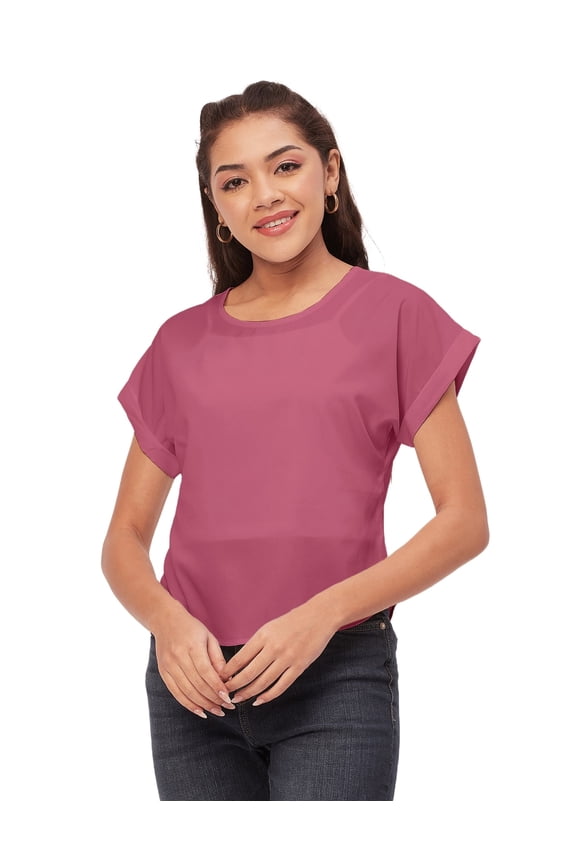 Solid Color Basic Tops For Women, Short Sleeve Round Neck Crepe Tops