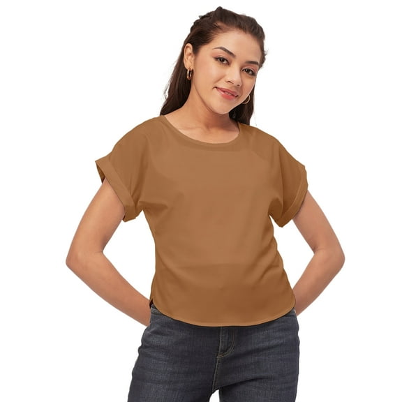 Moomaya Solid Color Basic Tops For Women, Short Sleeve Round Neck Crepe Tops