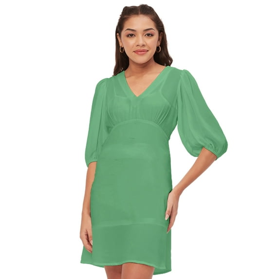 Moomaya Solid Color Shift Dress, V-Neck Balloon Sleeve Casual Evening Dress