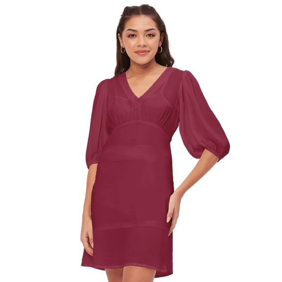 Moomaya Solid Color Shift Dress, V-Neck Balloon Sleeve Casual Evening Dress
