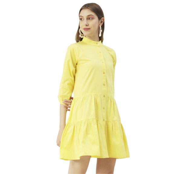 Moomaya Solid Cotton Button Down Shirt Dress, Quarter Sleeve Short Summer Resort Dress