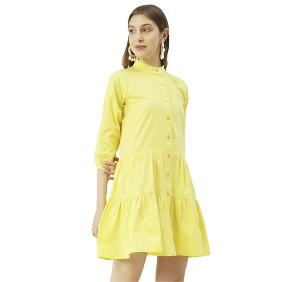 Moomaya Solid Cotton Button Down Shirt Dress, Quarter Sleeve Short Summer Resort Dress