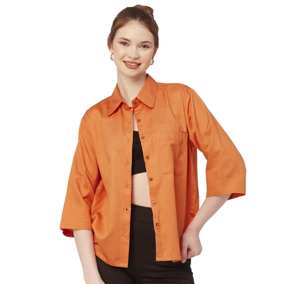 Moomaya Solid Cotton Satin Slub Shirt, Over-Sized Long Sleeves Drop Shoulder Buttoned Down Shirt