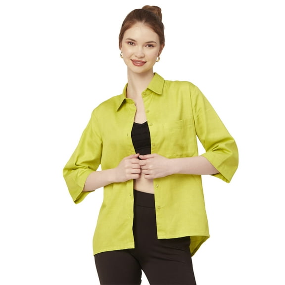 Moomaya Solid Cotton Satin Slub Shirt, Over-Sized Long Sleeves Drop Shoulder Buttoned Down Shirt