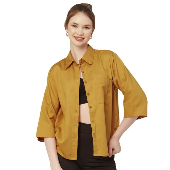 Moomaya Solid Cotton Satin Slub Shirt, Over-Sized Long Sleeves Drop Shoulder Buttoned Down Shirt