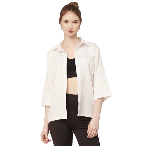 Moomaya Solid Cotton Satin Slub Shirt, Over-Sized Long Sleeves Drop Shoulder Buttoned Down Shirt