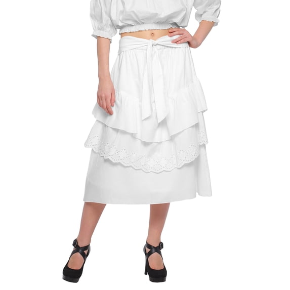 Moomaya Solid Cotton Skirts For Women Knee Length With Lace Belt Ruffle Skirt