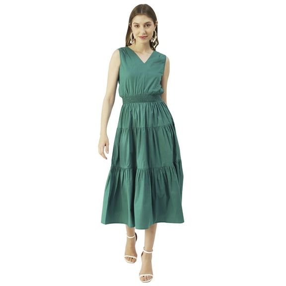 Moomaya Solid Cotton Sleeveless Dress, V-Neck Smocked Waist Tiered Midi Dress