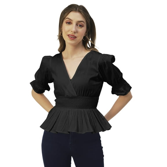Moomaya Solid Cotton Tops For Women, 3/4th Sleeve Blouse, Smocked Waist Tops