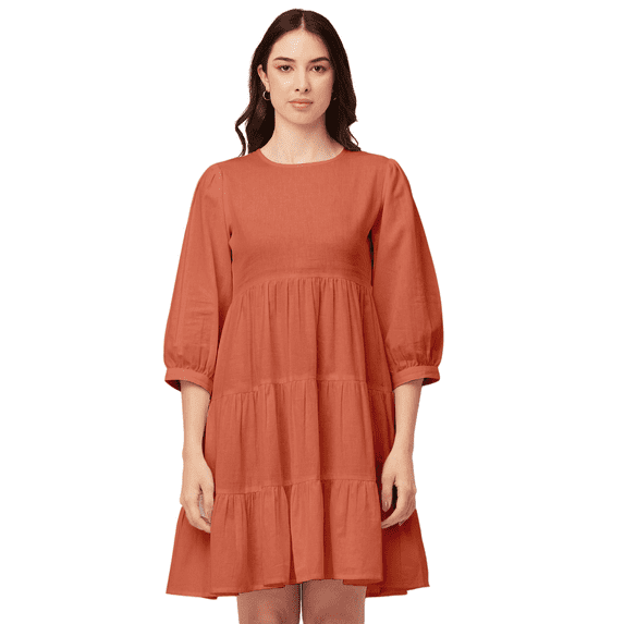 Moomaya Solid Flared Dress For Women Round Neck Long Sleeves Tiered Short Summer Dress