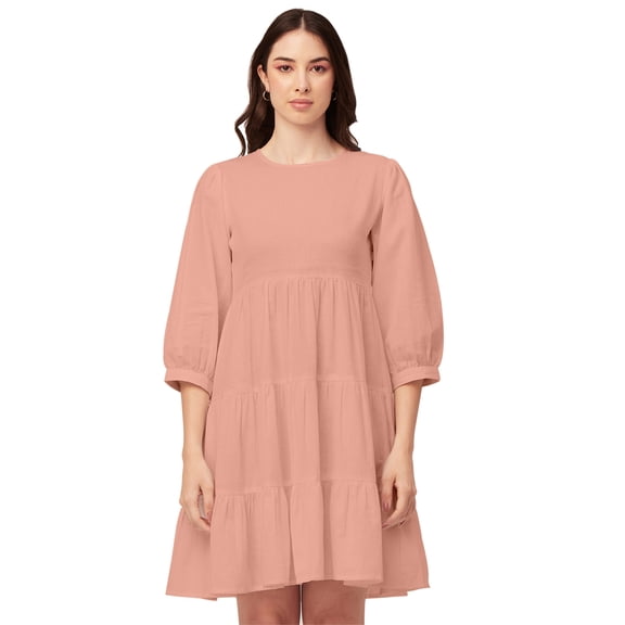 Moomaya Solid Flared Dress For Women Round Neck Long Sleeves Tiered Short Summer Dress