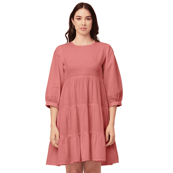 Moomaya Solid Flared Dress For Women Round Neck Long Sleeves Tiered Short Summer Dress