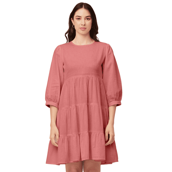 Moomaya Solid Flared Dress For Women Round Neck Long Sleeves Tiered Short Summer Dress