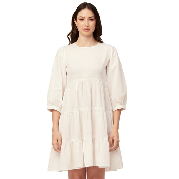 Moomaya Solid Flared Dress For Women Round Neck Long Sleeves Tiered Short Summer Dress