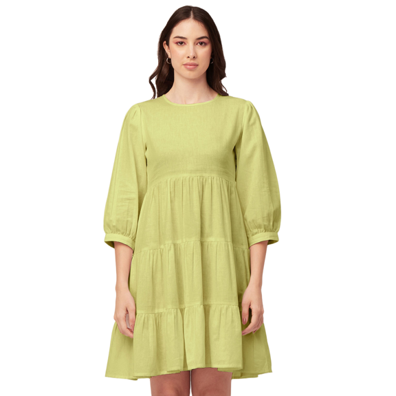 Moomaya Solid Flared Dress For Women Round Neck Long Sleeves Tiered Short Summer Dress