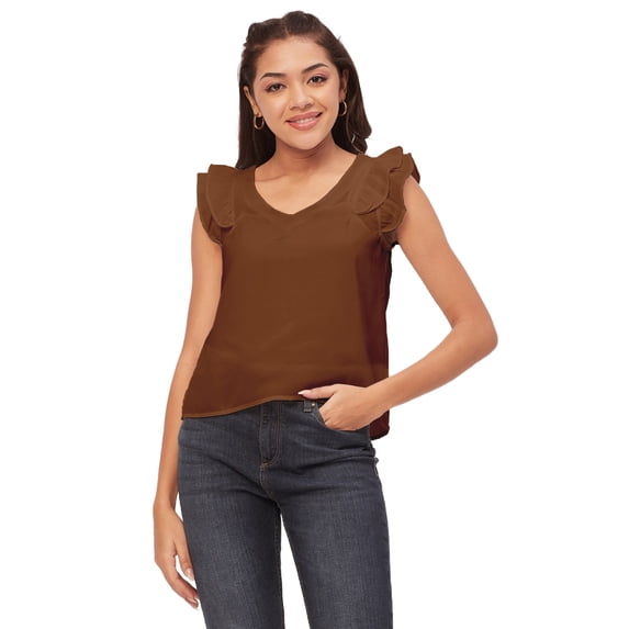 Moomaya Solid Flutter Sleeve Tops For Women, Moss Georgette V-Neck Casual Crop Top
