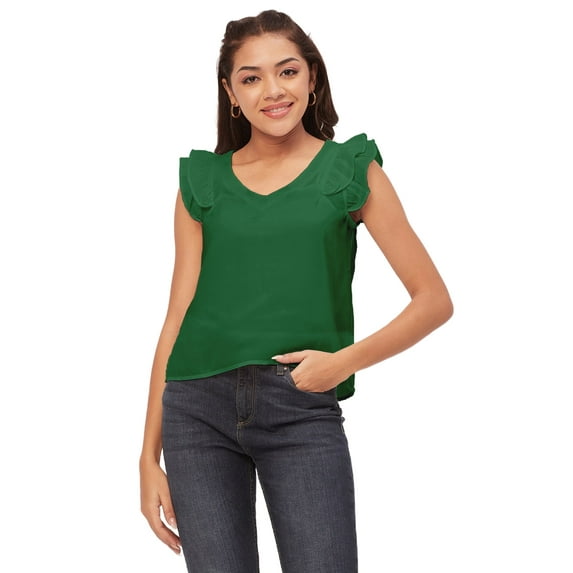 Moomaya Solid Flutter Sleeve Tops For Women, Moss Georgette V-Neck Casual Crop Top