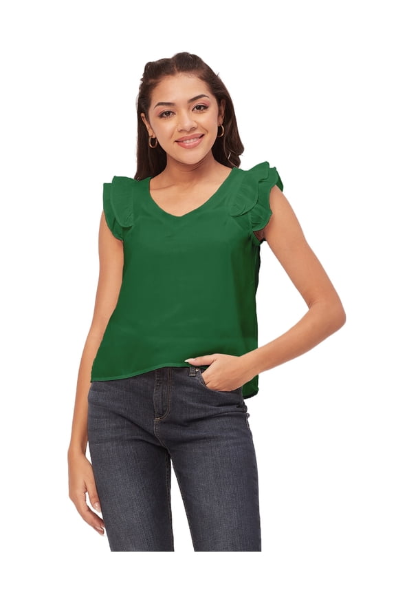Solid Flutter Sleeve Tops For Women, Moss Georgette V-Neck Casual Crop Top