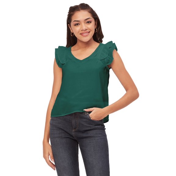 Moomaya Solid Flutter Sleeve Tops For Women, Moss Georgette V-Neck Casual Crop Top