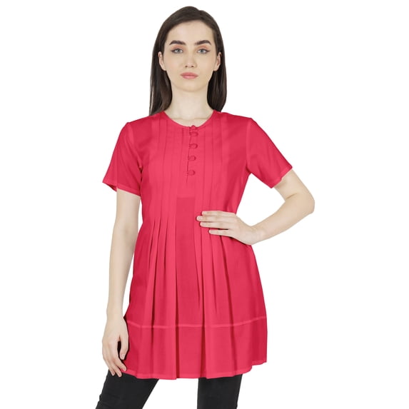 Moomaya Solid Half Button placket Tunic For Womens Casual Round Neck Basic Pleated Long Top