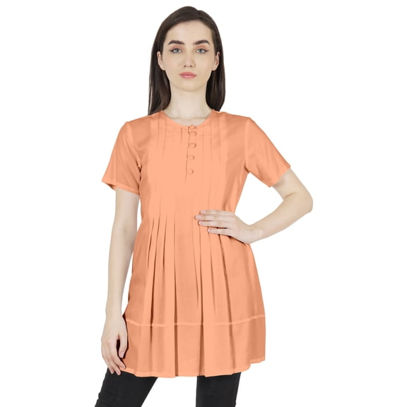 Moomaya Solid Half Button placket Tunic For Womens Casual Round Neck Basic Pleated Long Top