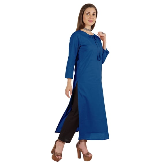 Moomaya Solid Long Kurti For Women Cotton Tunic 3/4 Sleeve Ethnic Formal Kurta w/ Pockets