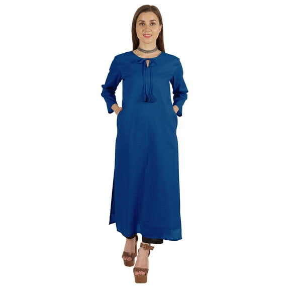 Moomaya Solid Long Kurti For Women Cotton Tunic 3/4 Sleeve Ethnic Formal Kurta w/ Pockets