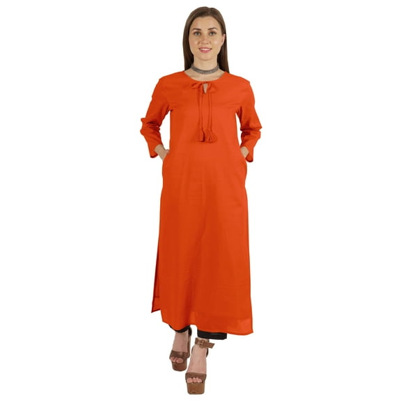 Moomaya Solid Long Kurti For Women Cotton Tunic 3/4 Sleeve Ethnic Formal Kurta w/ Pockets