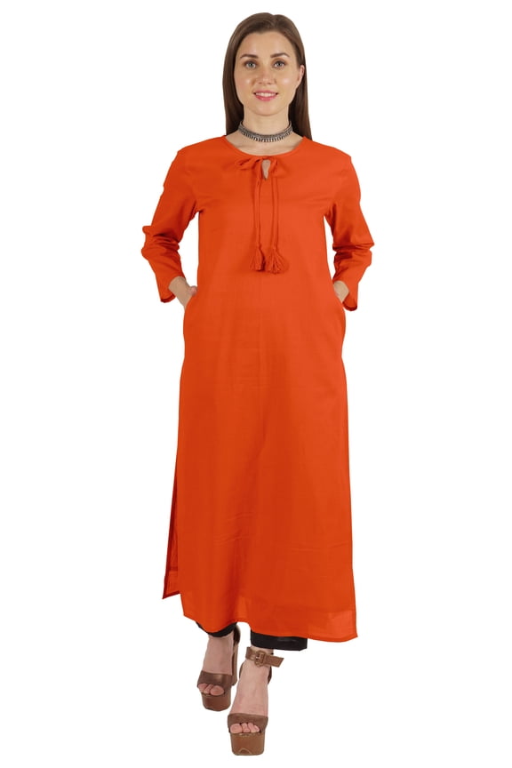 Solid Long Kurti For Women Cotton Tunic 3/4 Sleeve Ethnic Formal Kurta w/ Pockets