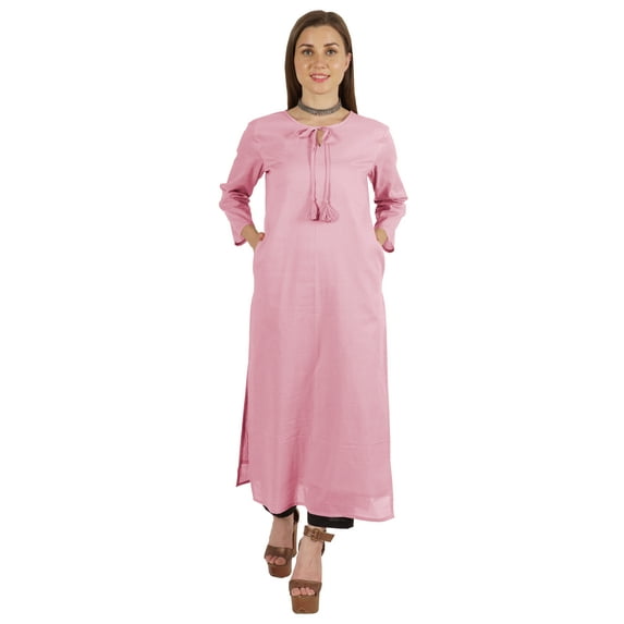 Moomaya Solid Long Kurti For Women Cotton Tunic 3/4 Sleeve Ethnic Formal Kurta w/ Pockets