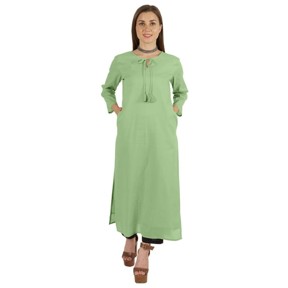 Moomaya Solid Long Kurti For Women Cotton Tunic 3/4 Sleeve Ethnic Formal Kurta w/ Pockets