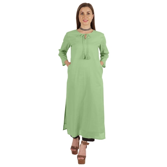 Moomaya Solid Long Kurti For Women Cotton Tunic 3/4 Sleeve Ethnic Formal Kurta w/ Pockets