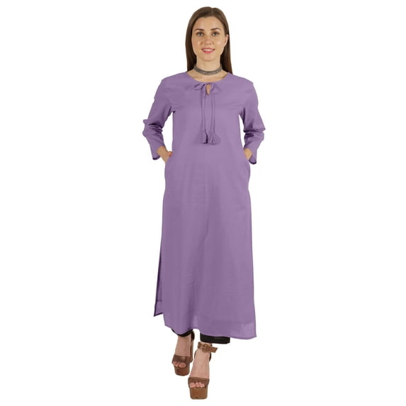 Moomaya Solid Long Kurti For Women Cotton Tunic 3/4 Sleeve Ethnic Formal Kurta w/ Pockets
