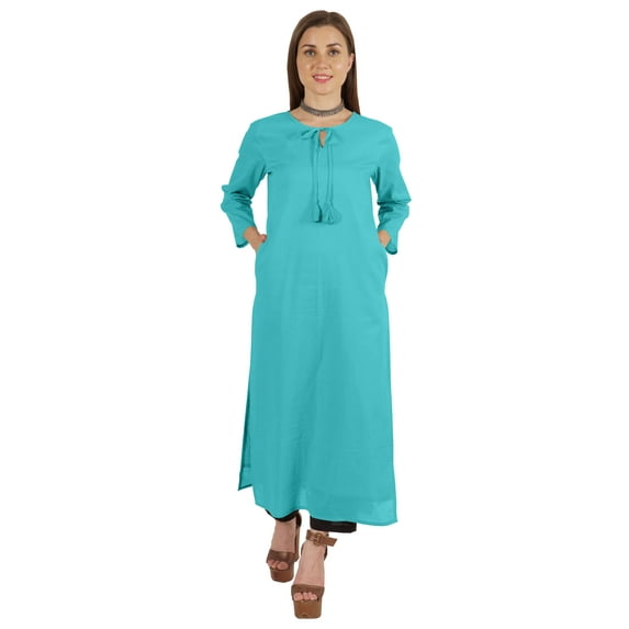 Moomaya Solid Long Kurti For Women Cotton Tunic 3/4 Sleeve Ethnic Formal Kurta w/ Pockets