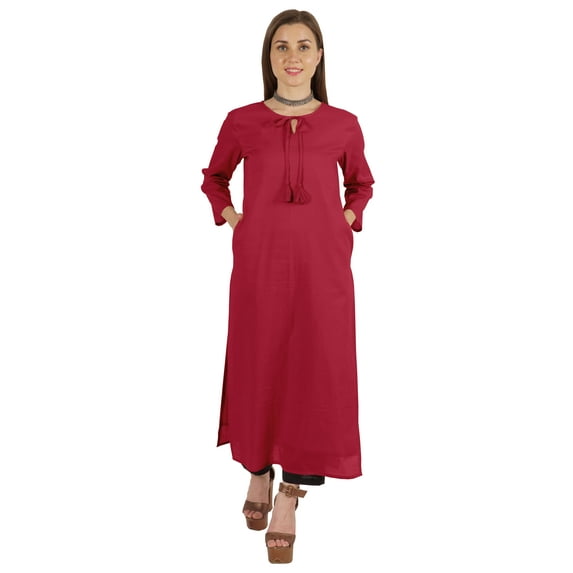 Moomaya Solid Long Kurti For Women Cotton Tunic 3/4 Sleeve Ethnic Formal Kurta w/ Pockets