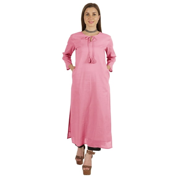 Moomaya Solid Long Kurti For Women Cotton Tunic 3/4 Sleeve Ethnic Formal Kurta w/ Pockets