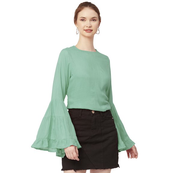 Moomaya Solid Long Ruffle Bell Sleeve Top, Round Neck Casual Viscose Rayon Boho Top