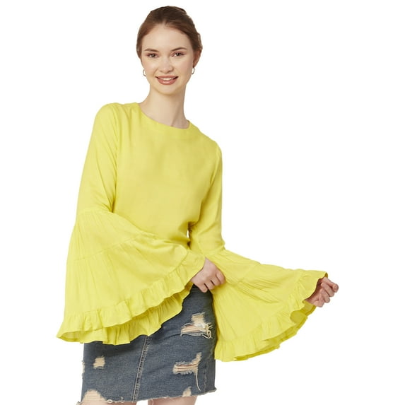 Moomaya Solid Long Ruffle Bell Sleeve Top, Round Neck Casual Viscose Rayon Boho Top