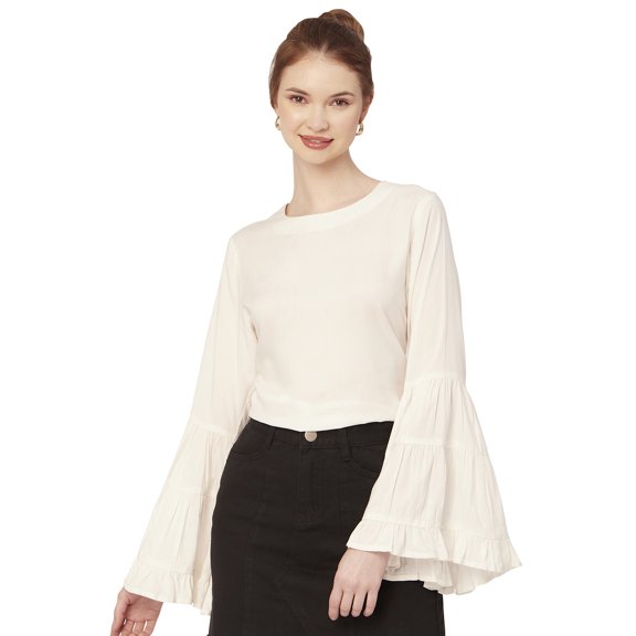 Moomaya Solid Long Ruffle Bell Sleeve Top, Round Neck Casual Viscose Rayon Boho Top